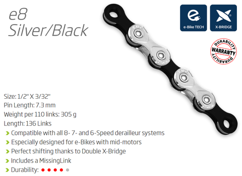 CHAIN - 6-8 Speed - KMC E8 - 136L - SILVER/BLACK - w/Connect Link
