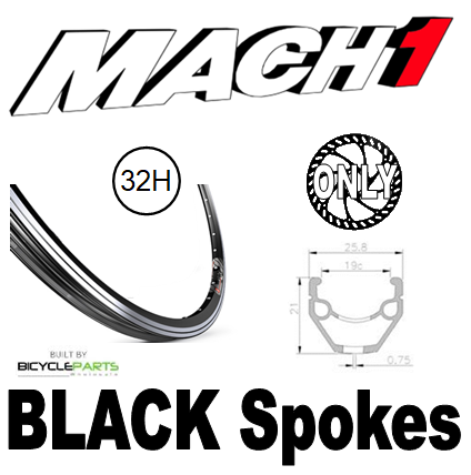 WHEEL - 700C Mach1 240 32H P/j Black Rim,  FRONT DYNAMO Q/R (100mm OLD) 6 Bolt Disc Sealed SP Silver Hub,  Mach 1 BLACK Spokes
