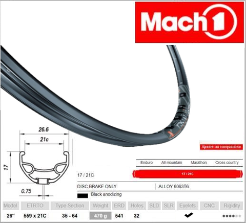 RIM 26" x 21mm - Mach1 630 - 32H - (559 x 21) - Presta Valve - Disc Brake - D/W - BLACK - Made in France - (ERD 541)