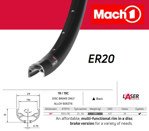RIM 26" x 19mm - Mach1 ER-20 - 36H - (559 x 19) - Schrader Valve - Disc Brake - D/W - BLACK - Eyeleted - Made in France - (537mm ERD)