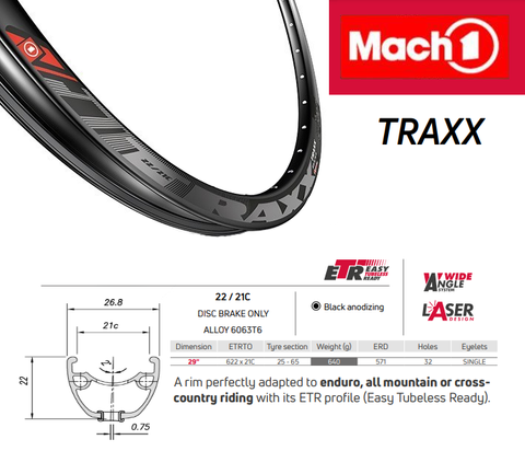 RIM 29er x 21mm - Mach1 TRAXX - 32H - (622 x 21) - Presta Valve - Disc Brake - D/W - BLACK - Eyeleted - Tubeless Ready - Made in France - (ERD 594)