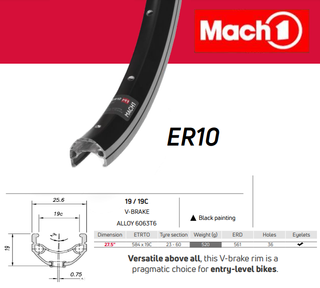 RIM 27.5/650B x 19mm - Mach1 ER-10 - 36H - (584 x 19C) - Schrader Valve - Rim Brake - D/W - BLACK - Eyeleted - MSW - Made in France - (ERD-561)