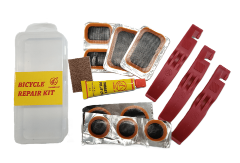 Repair Kit With 9 Cold Patches - 3x25mm, 2x34mm, 2x 35x24mm, 2x 50x32mm, 8ml Rubber Solution, Sandpaper & Assorted Colour Levers. Thumbs Up, 24 Kits per Box