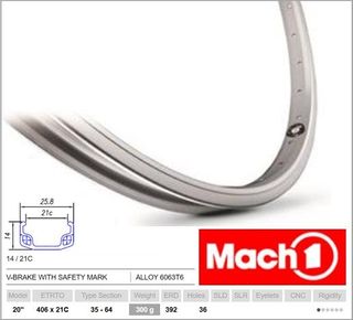 RIM 20" x 21mm - Mach1 110 - 36H - (406 x 21) - Schrader Valve - Rim Brake - S/W - SILVER - (ERD 392)