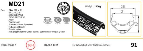 RIM 29er x 21mm - ALEX MD21 - 36H - (622 x 21) - Schrader Valve - Disc Brake - D/W - BLACK - Eyeleted - Tubeless Ready - (Requires AV tubeless valve)