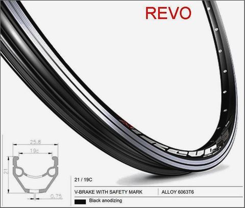 RIM 26" x 19mm - Mach1 REVO - 36H - (559 x 19) - Schrader Valve - Rim Brake - D/W - BLACK - Eyeleted - MSW - (ERD 533)