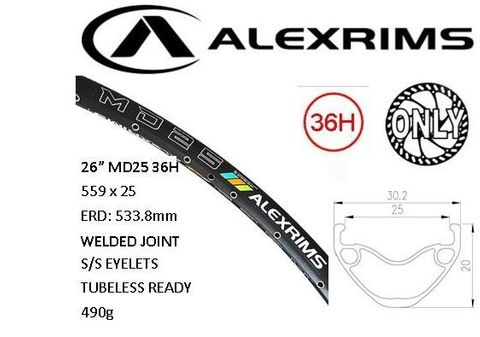 RIM 26" x 25mm - ALEX MD25 - 36H - (559 x 25) - Schrader Valve - Disc Brake - D/W - BLACK - Eyeleted - Tubeless Ready - (ERD 533) - (Requires AV tubeless valve)