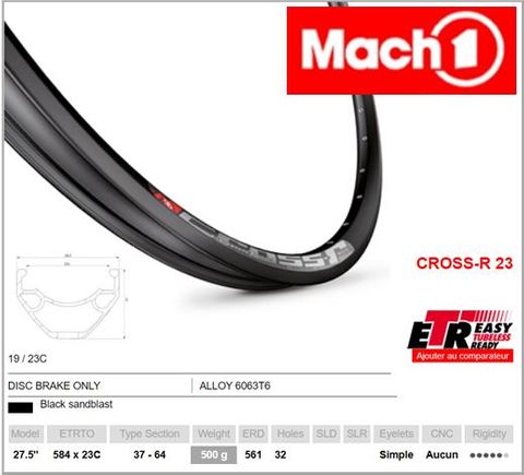 RIM 27.5/650B x 23mm - Mach1 CROSS R 23 - 32H - (584 x 23) - Presta Valve - Disc Brake - D/W - BLACK - Eyeleted - Tubeless Ready - Made in France - (ERD 561)