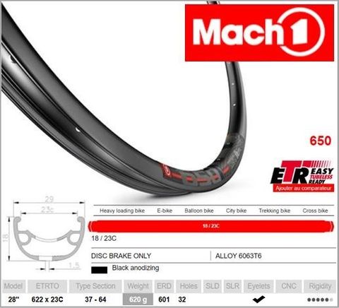 RIM 29er x 23mm - Mach1 650 - 32H - (622 x 23) - Presta Valve - Disc Brake - D/W - BLACK - Eyeleted - Tubeless Ready - Made in France - (ERD 601)