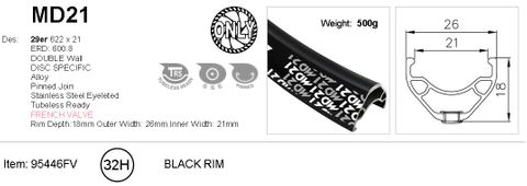 RIM 29er x 21mm - ALEX MD21 - 32H - (622 x 21) - Presta Valve - Disc Brake - D/W - BLACK - Eyeleted - Tubeless Ready