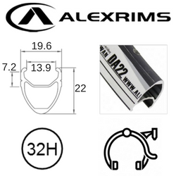 RIM 700c x 14mm - ALEX DA22 - 32H - (622 x 14) - Presta Valve - Rim Brake - D/W - BLACK - MSW