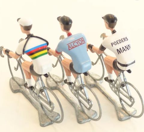 A FLANDRIENS Models, 3 x Hand painted Metal Cyclists, Briek Schotte in 3 types jerseys