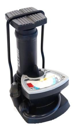 FOOT PUMP,   w/ big gauge,   fits schrader / presta,  needle stored in base
