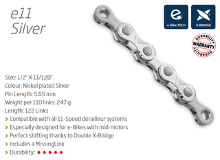 CHAIN - 11 Speed - KMC E11 - 122L - SILVER - w/Connect Link - (Ebike Chain, higher pin power for e-Bike torque)