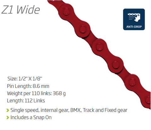 CHAIN - Single Speed - KMC Z1 Wide - 112L - RED - w/Connect Link