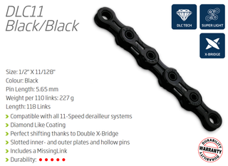 CHAIN - 11 Speed - KMC DLC11 - 118L - BLACK - DLC Diamond Hard - X-Superlight - w/Connect Link