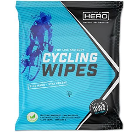 Cycling Wipes,  "Every Hero" brand, Resealable pack for the car -qty 20 300 x 300mm "body wash" wipes - be clean and fresh after your ride