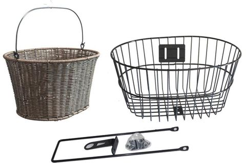 BASKET  Combination, Fixed Mount with Stay & 1" Fittings, for Quill stem, Oval Removable PolyrattanBasket with 2 Handles and Oval Steel BLACK Fixed Basket - 38w x 23h x 29d