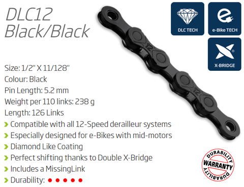 CHAIN - 12 Speed - KMC DLC12 - 126L - BLACK - DLC Diamond Hard - X-Series - w/Connect Link