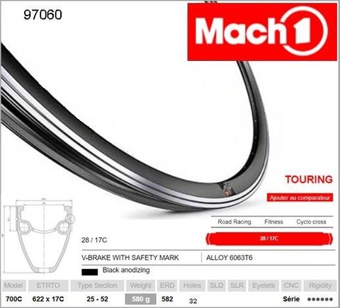 RIM 700c x 17mm - Mach1 TOURING/550- 32H - (622 x 17) - Presta Valve - Rim Brake - D/W - BLACK - MSW - (28mm Deep) - (ERD 582)