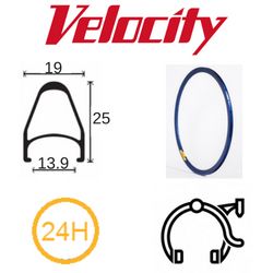 RIM 700c x 14mm - VELOCITY FUSION - 24H - (622 x 14) - Presta Valve - Rim Brake - D/W - ELECTRIC BLUE - MSW