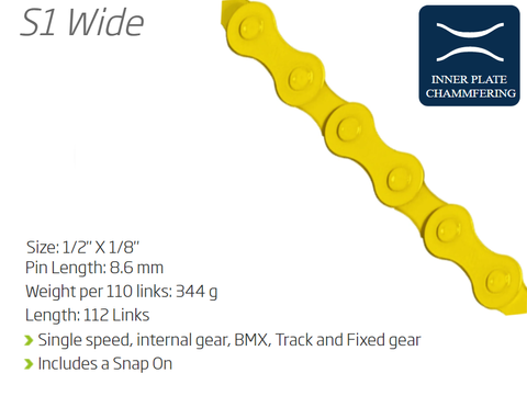 CHAIN - Single Speed - KMC S1 - 112L - YELLOW - w/Connect Link