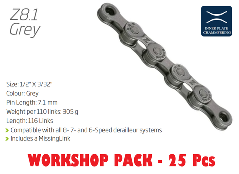 Sorry temp o/s arriving mid June   CHAIN WORKSHOP BOX - Includes 25 Chains - 6-8 Speed - KMC - Z8.1 - 116L - GREY (Almost Silver) - w/Connect Link