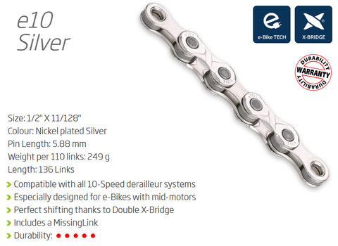 CHAIN - 10 Speed - KMC E10 - 136L - SILVER - w/Connect Link - EXTRA LONG - (Ebike Chain, higher pin power for e-Bike torque)