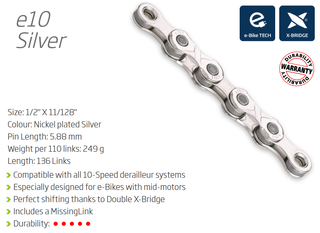 CHAIN - 10 Speed - KMC E10 - 136L - SILVER - w/Connect Link - EXTRA LONG - (Ebike Chain, higher pin power for e-Bike torque)