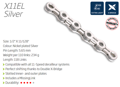 CHAIN - 11 Speed - KMC X11EL - 118L - SILVER - X-Series - w/Connect Link