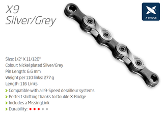 CHAIN - 9 Speed - KMC X9 - 116L - SILVER/GREY - w/Connect Link