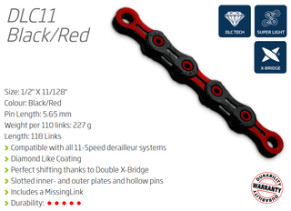 CHAIN - 11 Speed - KMC DLC11 - 118L - RED/BLACK - DLC Diamond Hard - X-Superlight - w/Connect Link