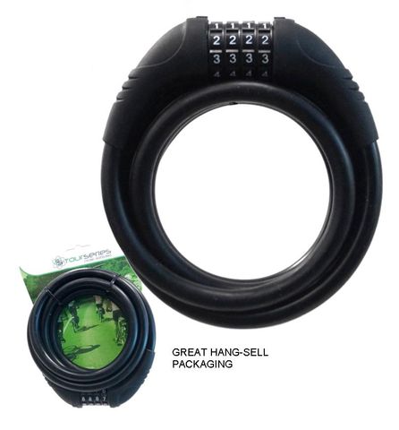 Cable lock, black, 4 digit, silicone, combination, 12mm x 1800mm,