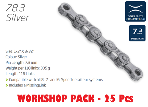 Sorry temp o/s arriving mid June   CHAIN WORKSHOP BOX - 6-8 Speed - KMC - Z8.3 - 116L - SILVER - w/Connect Link - Includes 25 Chains