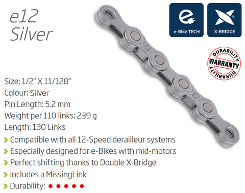 CHAIN - 12 Speed - KMC E12 - 130L - SILVER - w/Connect Link - (Ebike Chain, higher pin power for e-Bike torque)