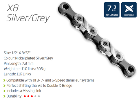 CHAIN - 6-8 Speed - KMC X8.93 - 116L - SILVER/GREY - w/Connect Link