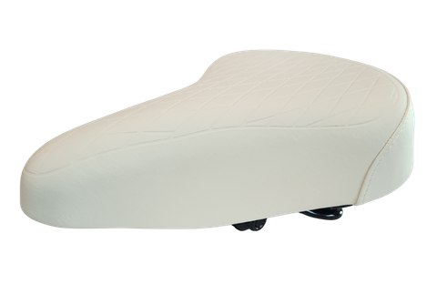 250 x 190mm Ladies Saddle, Retro - Vinyl Quilted Top, Coils, White, Clamp Included