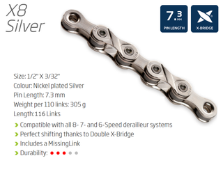 CHAIN - 8 Speed - KMC X8 - 116L - SILVER - w/Connect Link