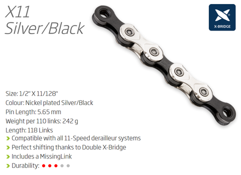 CHAIN - 11 Speed - KMC X11 - 118L - SILVER/BLACK - X-Series - w/Connect Link