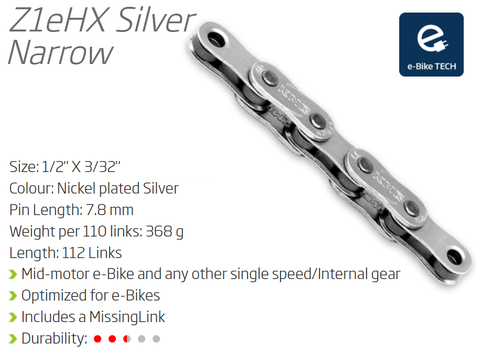 CHAIN - Single Speed - KMC Z1 eHX - 112L - SILVER - w/Connect Link - (Ebike Chain, higher pin power for e-Bike torque)