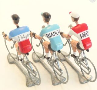 A FLANDRIENS Models, 3 x Hand painted Metal Cyclists, Anquetil in 3 types jerseys