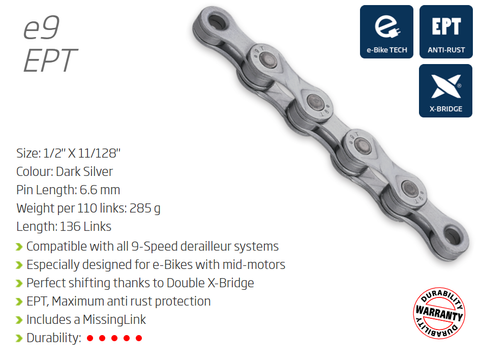 CHAIN - 9 Speed - KMC E9 EPT - 136L - DARK SILVER - EcoPro TeQ Coating - w/Connect Link - EXTRA LONG - (Ebike Chain, higher pin power for e-Bike torque)