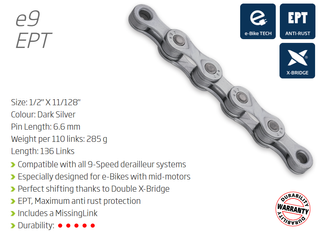 CHAIN - 9 Speed - KMC E9 EPT - 136L - DARK SILVER - EcoPro TeQ Coating - w/Connect Link - EXTRA LONG - (Ebike Chain, higher pin power for e-Bike torque)