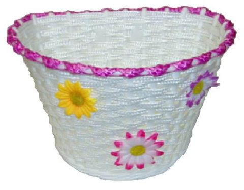 BASKET, Kids, White Woven with MAGENTA strip and small flowers, Plastic, 12-16" bikes