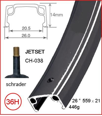 RIM 26" x 21mm - JETSET CH-038 - 36H - (559 x 21) - Schrader Valve - Rim Brake - S/W - BLACK - Quality Jetset rim made in Taiwan - (ERD-546)