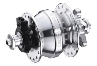 Available for Special Order via Email  -  DYNAMO HUB  Shutter Precision, 6V 3W Output, Front,  28H, 6 Bolt Disc, Standard QR, PD-8  SILVER