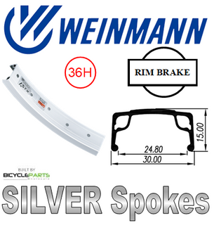 WHEEL - 16" Weinmann AS7X 36H P/j Silver Rim,  1 SPEED COASTER 3/8 Nutted (110mm OLD) Loose Ball Hi-Stop Silver Hub,  Mach 1 SILVER Spokes