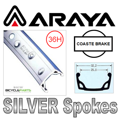 WHEEL - 26" Araya 7X 36H Silver Rim,  1 SPEED COASTER 3/8 Nutted (110mm OLD) Loose Ball Hi-Stop Silver Hub,  Mach 1 SILVER Spokes