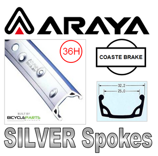 WHEEL - 26" Araya 7X 36H Silver Rim,  1 SPEED COASTER 3/8 Nutted (110mm OLD) Loose Ball Hi-Stop Silver Hub,  Mach 1 SILVER Spokes