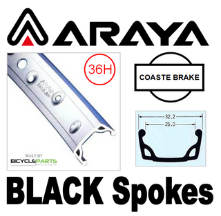 WHEEL - 26" Araya 7X 36H Silver Rim,  1 SPEED COASTER 3/8 Nutted (110mm OLD) Loose Ball Hi-Stop Silver Hub,  Mach 1 BLACK Spokes